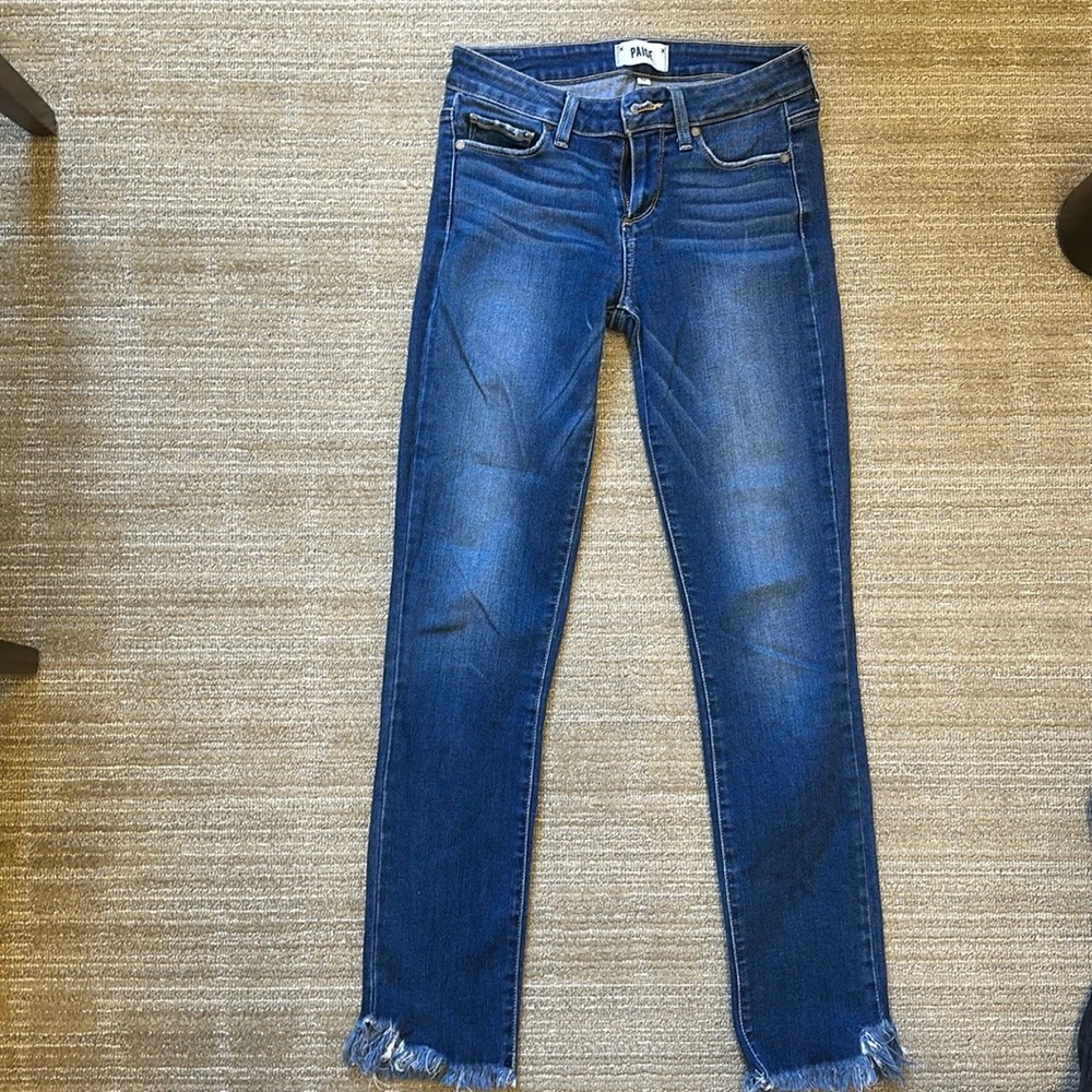 Paige 26 blue jeans -frayed bottoms. gently worn
